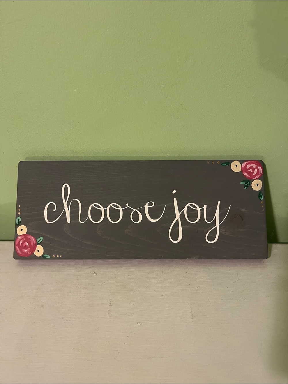 Hand Painted “Choose Joy” Gray Wall Sign with Pink Floral Accents
